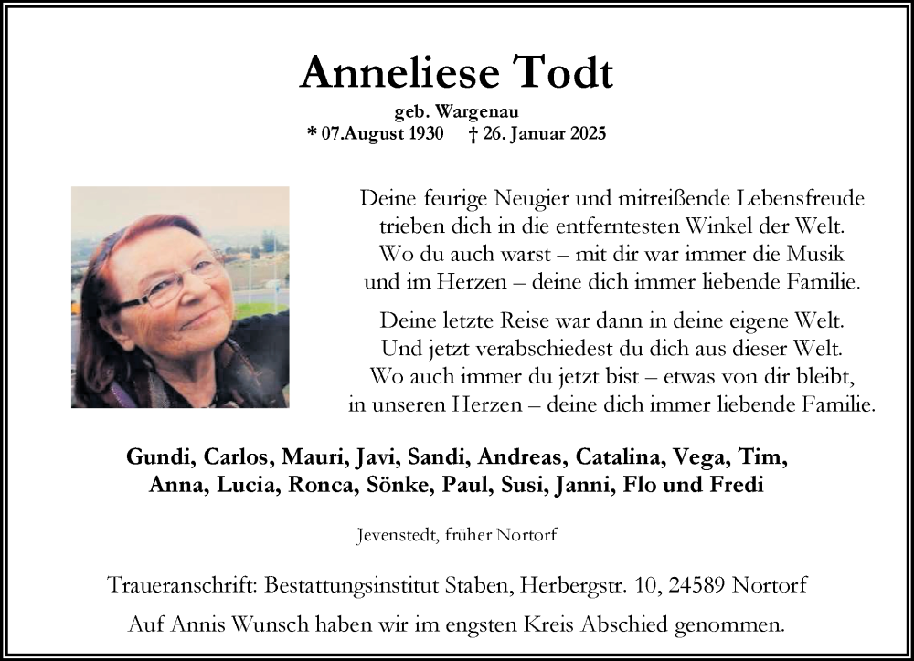  Traueranzeige für Anneliese Todt vom 08.02.2025 aus Holsteinischer Courier