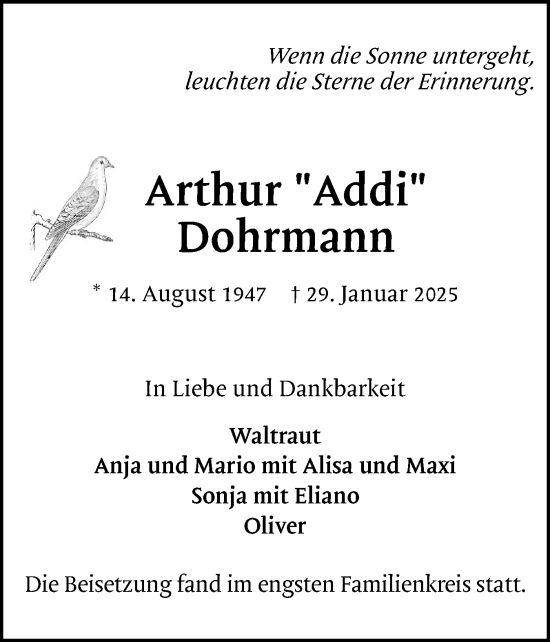 Traueranzeige von Arthur Dohrmann von Region Pinneberg und tip Pinneberg