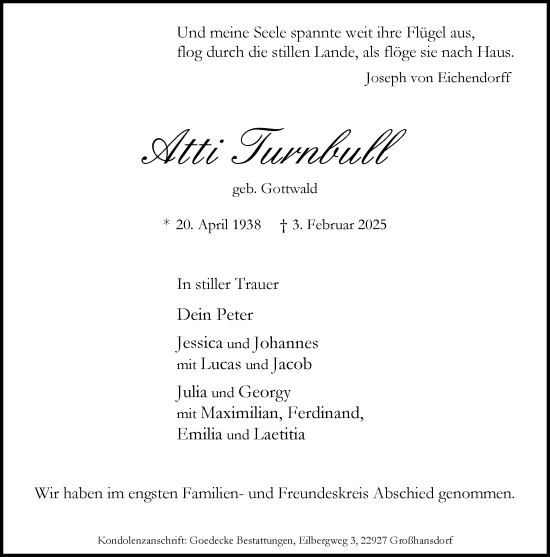 Traueranzeige von Atti Turnbull von MARKT Ahrensburg/Bargteheide/Trittau und Stormarner Tageblatt