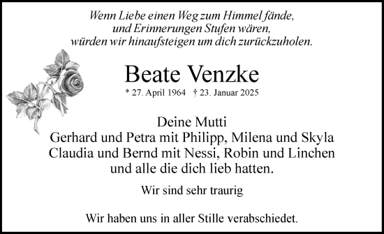 Traueranzeige von Beate Venzke von Uetersener Nachrichten, Der tip am Wochenende
