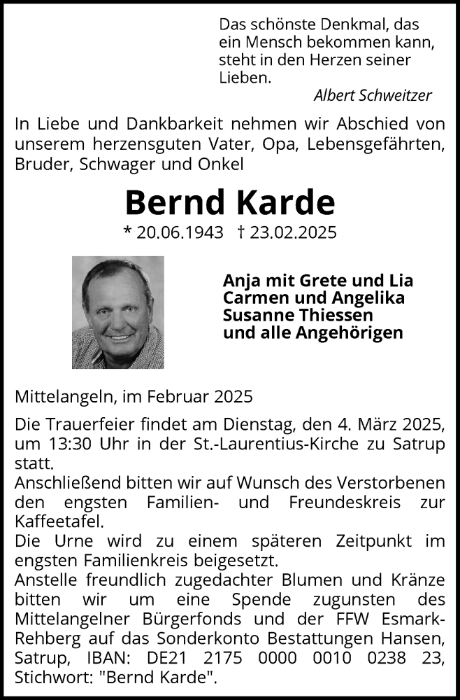  Traueranzeige für Bernd Karde vom 27.02.2025 aus Flensburger Tageblatt, Schleswiger Nachrichten, Schlei-Bote