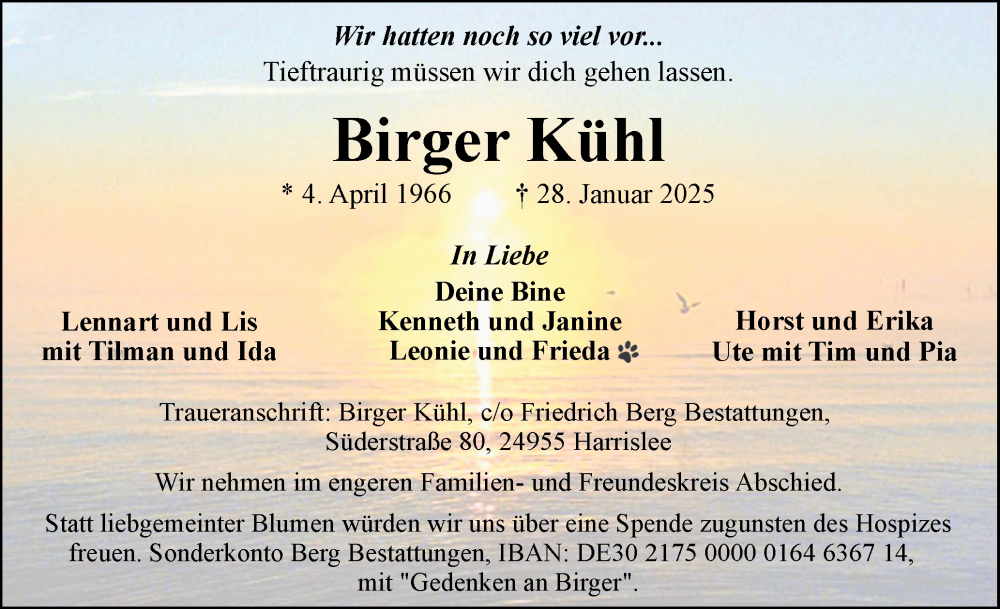  Traueranzeige für Birger Kühl vom 01.02.2025 aus Flensburger Tageblatt