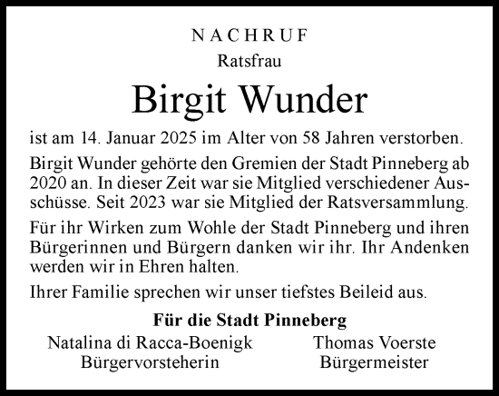 Traueranzeige von Birgit Wunder von Region Pinneberg und tip Pinneberg