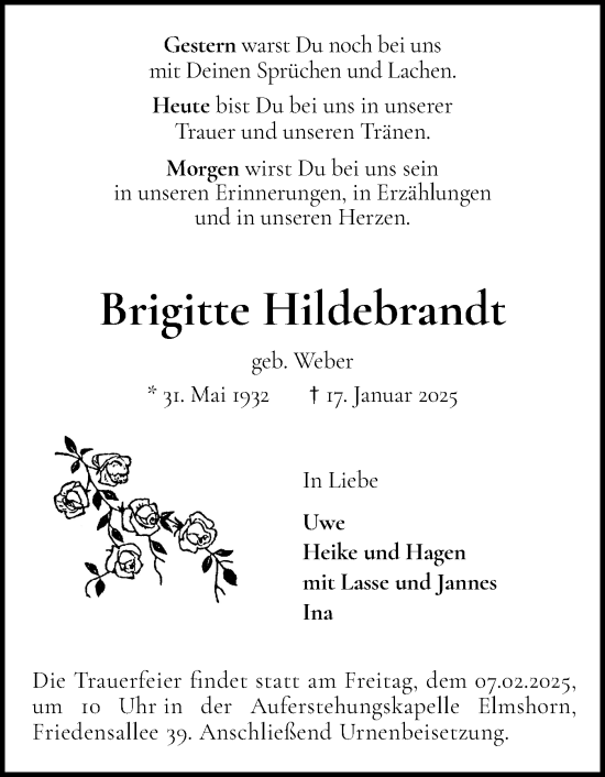 Traueranzeige von Brigitte Hildebrandt von Elmshorner Nachrichten, Barmstedter Zeitung