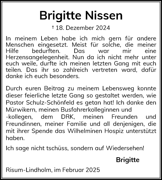 Traueranzeige von Brigitte Nissen von Husumer Nachrichten, Nordfriesland Tageblatt