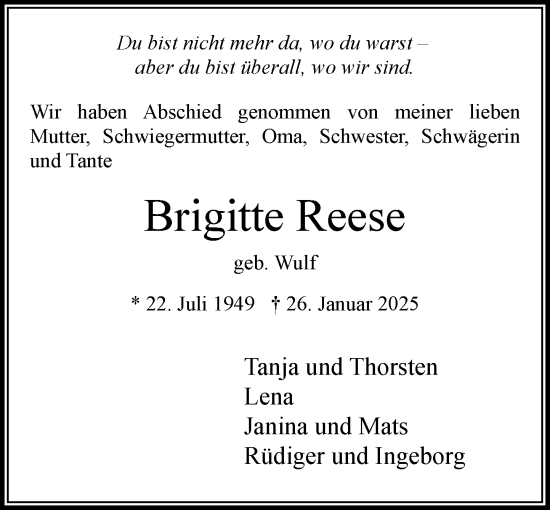 Traueranzeige von Brigitte Reese von MARKT Bad Oldesloe/Reinfeld und Stormarner Tageblatt