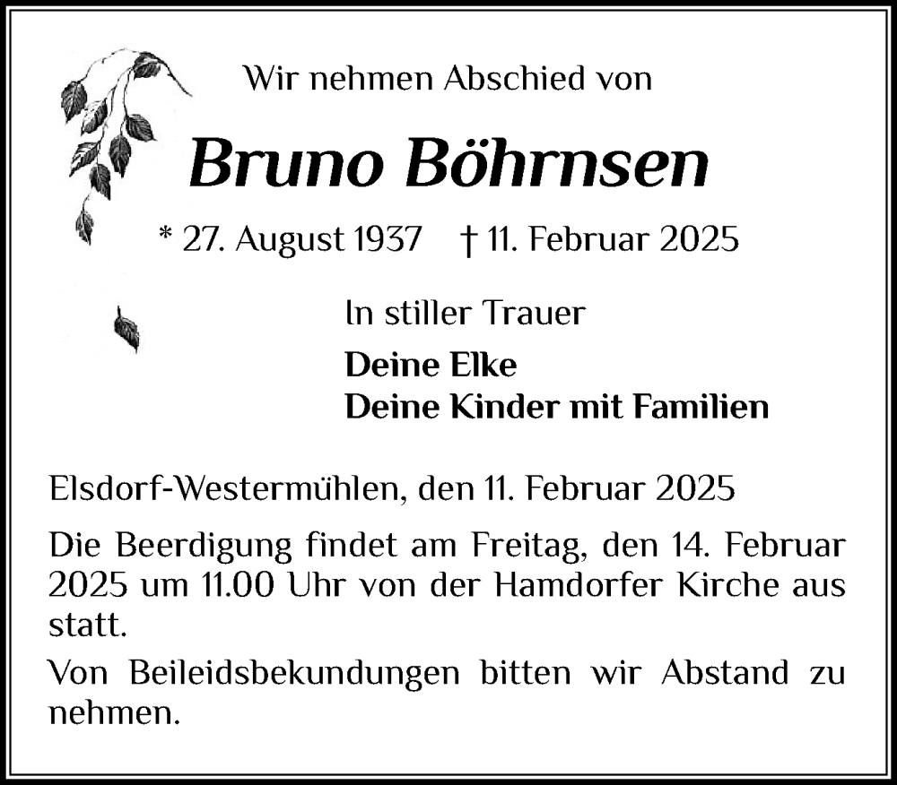  Traueranzeige für Bruno Böhrnsen vom 13.02.2025 aus Schleswig-Holsteinische Landeszeitung