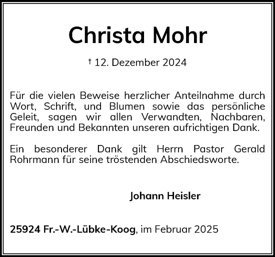 Traueranzeige von Christa Mohr von Husumer Nachrichten, Nordfriesland Tageblatt