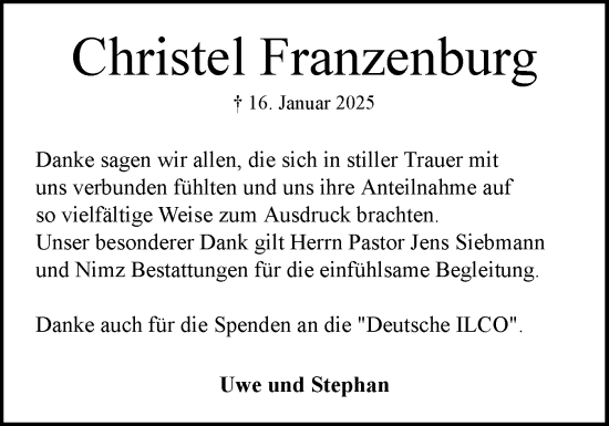 Traueranzeige von Christel Franzenburg von Norddeutsche Rundschau, Wilstersche Zeitung, Glückstädter Fortuna