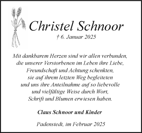 Traueranzeige von Christel Schnoor von Holsteinischer Courier