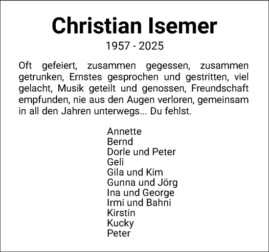 Traueranzeige von Christian Isemer von Holsteinischer Courier