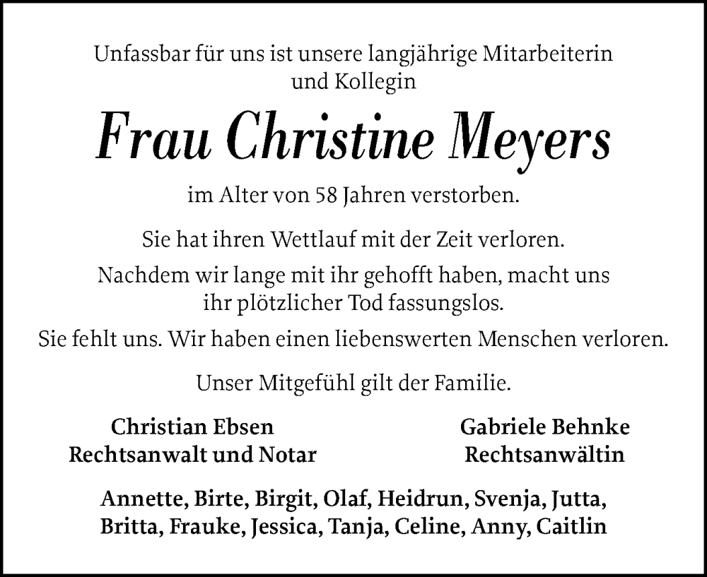  Traueranzeige für Christine Meyers vom 15.02.2025 aus Norddeutsche Rundschau, Wilstersche Zeitung, Glückstädter Fortuna