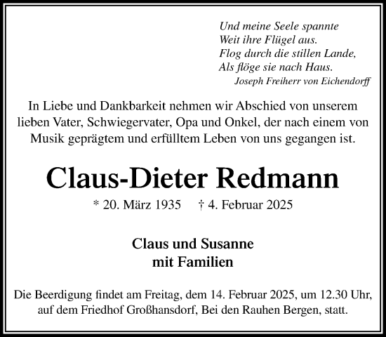 Traueranzeige von Claus-Dieter Redmann von MARKT Ahrensburg/Bargteheide/Trittau und Stormarner Tageblatt