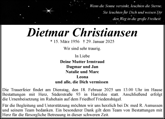 Traueranzeige von Dietmar Christiansen von Flensburger Tageblatt