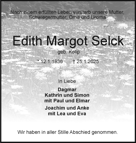Traueranzeige von Edith Margot Selck von Holsteinischer Courier