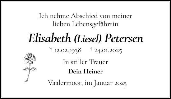 Traueranzeige von Elisabeth Petersen von Norddeutsche Rundschau, Wilstersche Zeitung, Glückstädter Fortuna