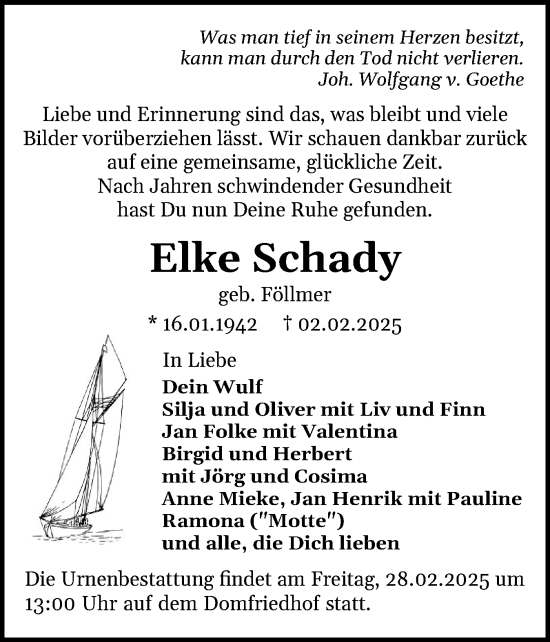 Traueranzeige von Elke Schady von Schleswiger Nachrichten, Schlei-Bote