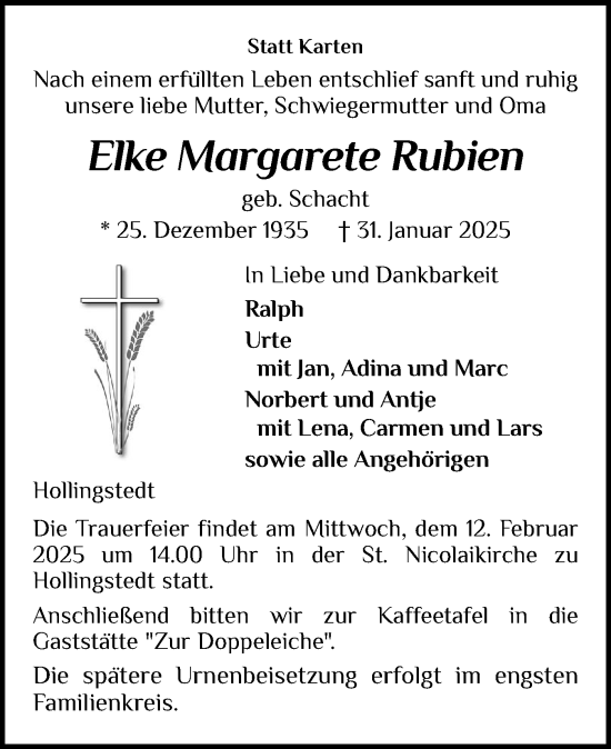 Traueranzeige von Elke Margarete Rubien von Schleswiger Nachrichten, Schlei-Bote