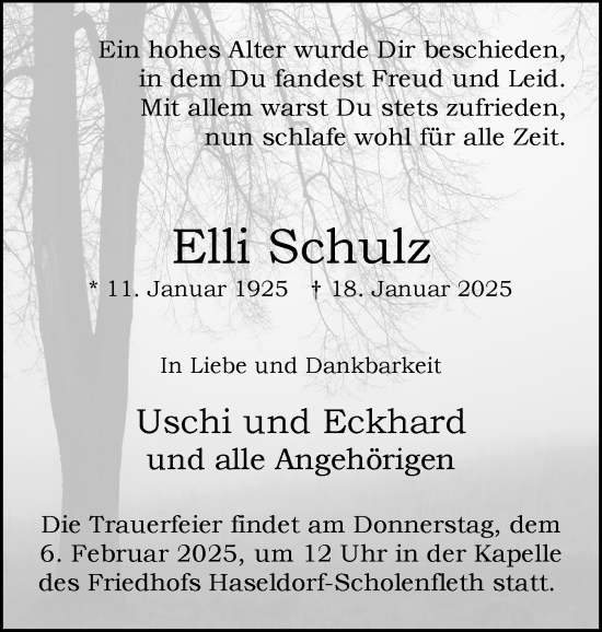 Traueranzeige von Elli Schulz von Uetersener Nachrichten, Der tip am Wochenende