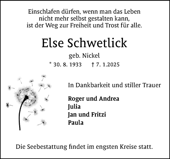 Traueranzeige von Else Schwetlick von Flensburger Tageblatt