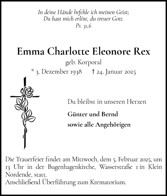Traueranzeige von Emma Charlotte Eleonore Rex von Elmshorner Nachrichten, Barmstedter Zeitung
