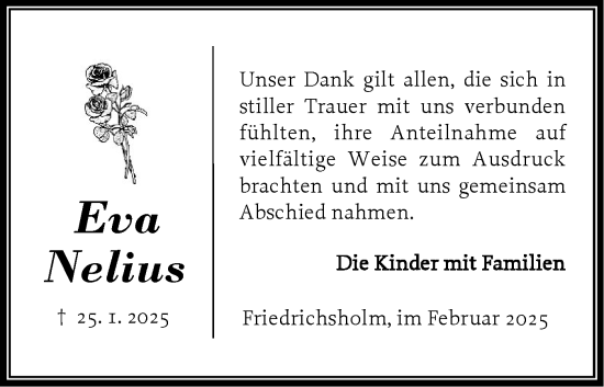 Traueranzeige von Eva Nelius von Schleswig-Holsteinische Landeszeitung