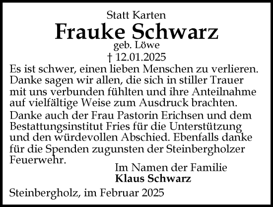 Traueranzeige von Frauke Schwarz von Flensburger Tageblatt
