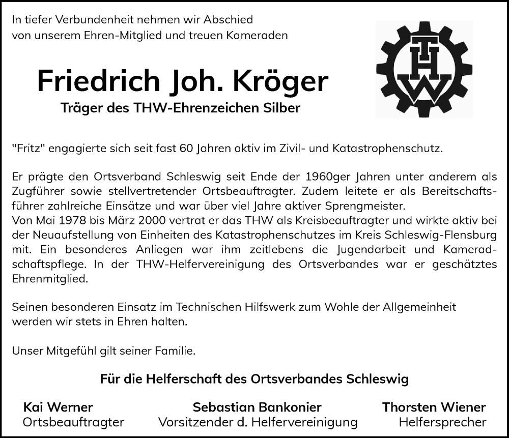  Traueranzeige für Friedrich Joh. Kröger vom 15.02.2025 aus Schleswiger Nachrichten, Schlei-Bote