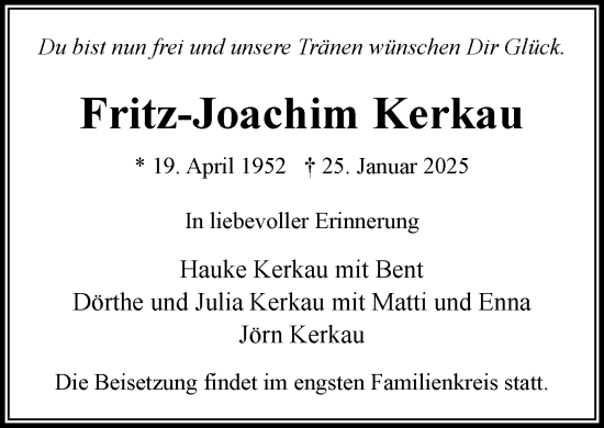 Traueranzeige von Fritz-Joachim Kerkau von MARKT Bad Oldesloe/Reinfeld und Stormarner Tageblatt
