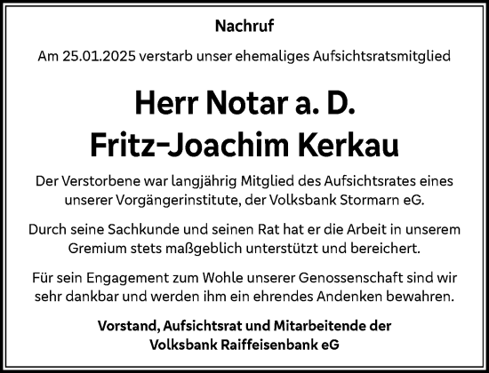 Traueranzeige von Fritz-Joachim Kerkau von MARKT Bad Oldesloe/Reinfeld und Stormarner Tageblatt
