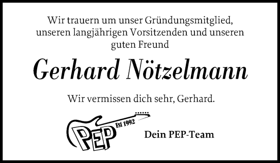 Traueranzeige von Gerhard Nötzelmann von Norddeutsche Rundschau, Wilstersche Zeitung, Glückstädter Fortuna