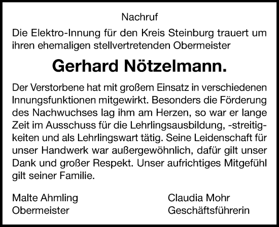 Traueranzeige von Gerhard Nötzelmann von Norddeutsche Rundschau, Wilstersche Zeitung, Glückstädter Fortuna