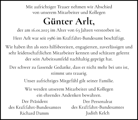 Traueranzeige von Günter Arlt von Flensburger Tageblatt