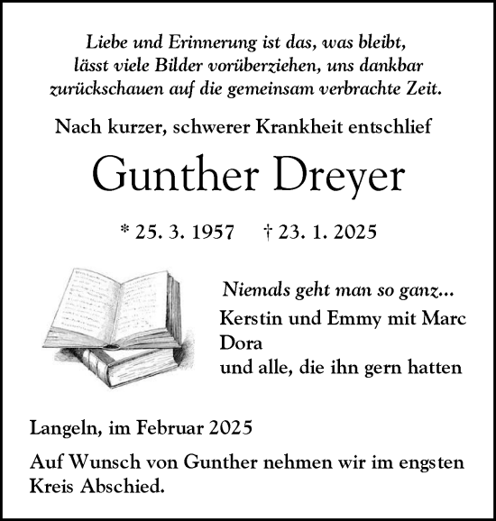 Traueranzeige von Gunther Dreyer von Elmshorner Nachrichten, Barmstedter Zeitung