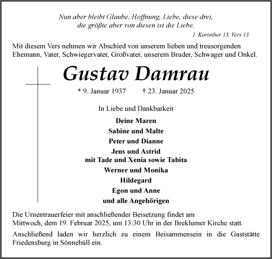 Traueranzeige von Gustav Damrau von Husumer Nachrichten, Nordfriesland Tageblatt