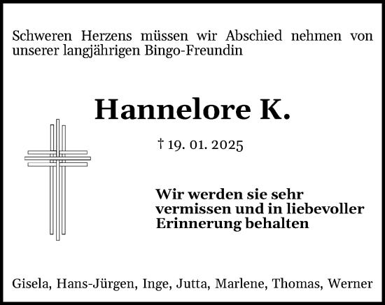 Traueranzeige von Hannelore K. von Schleswig-Holsteinische Landeszeitung