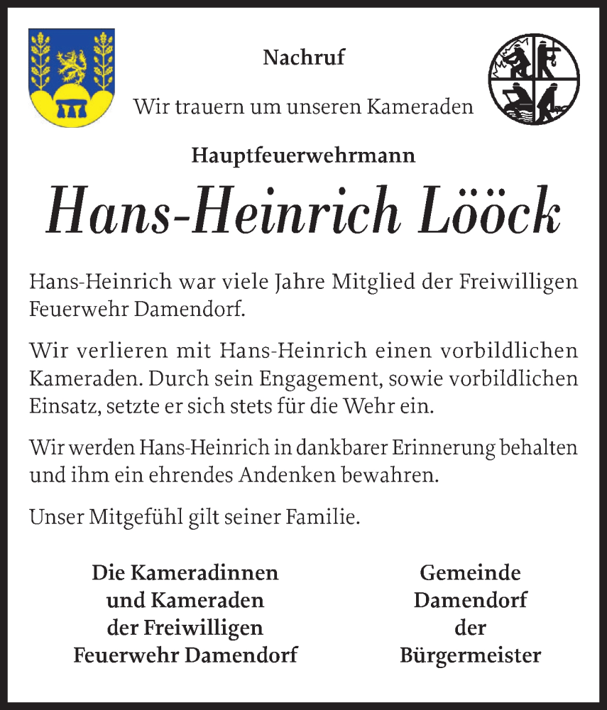  Traueranzeige für Hans-Heinrich Lööck vom 15.02.2025 aus Eckernförder Zeitung, Hallo Eckernförde