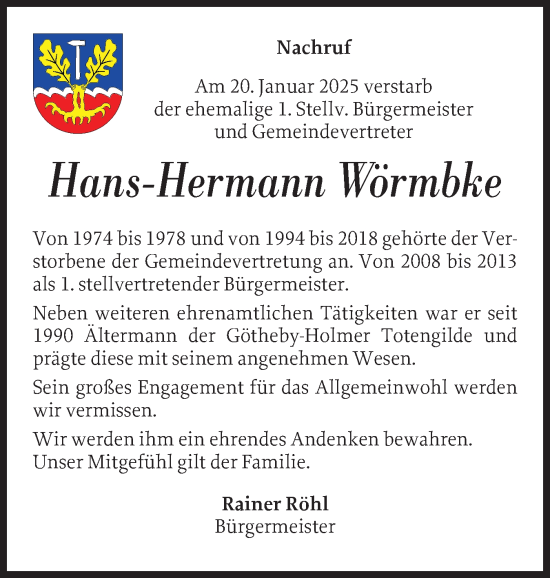 Traueranzeige von Hans-Hermann Wörmbke von Eckernförder Zeitung, Hallo Eckernförde
