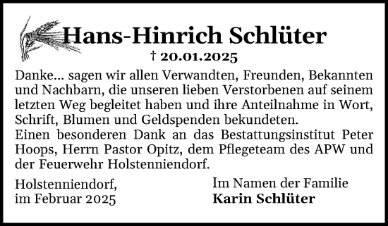 Traueranzeige von Hans-Hinrich Schlüter von Norddeutsche Rundschau, Wilstersche Zeitung, Glückstädter Fortuna