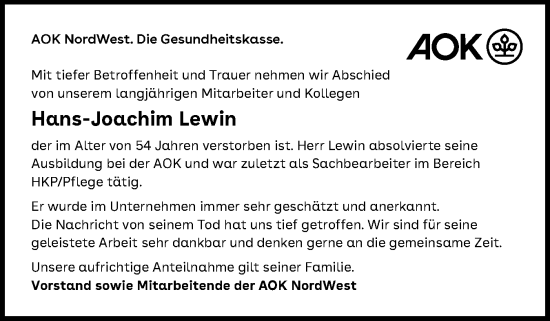 Traueranzeige von Hans-Joachim Lewin von Norddeutsche Rundschau, Wilstersche Zeitung, Glückstädter Fortuna