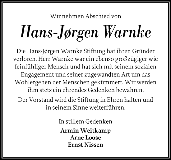 Traueranzeige von Hans-Jorgen Warnke von Region Flensburg