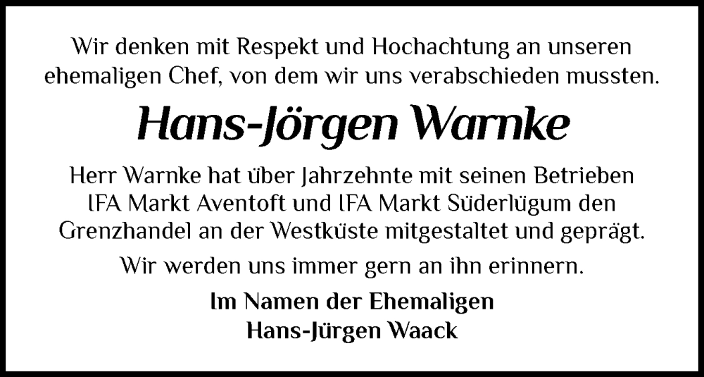  Traueranzeige für Hans-Jürgen Warnke vom 28.02.2025 aus Husumer Nachrichten, Nordfriesland Tageblatt