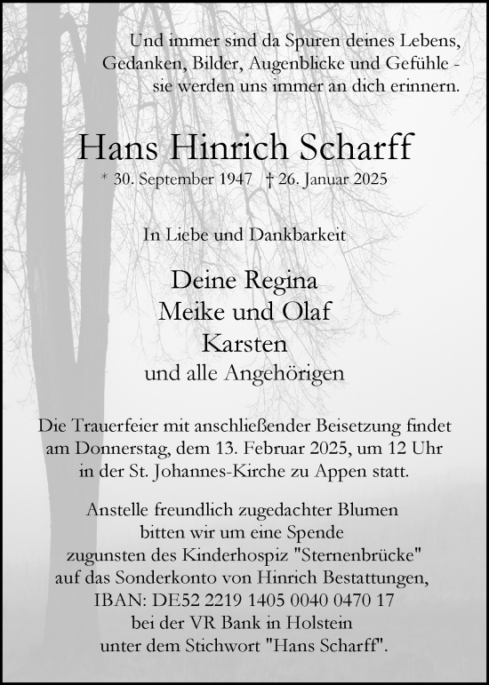 Traueranzeige von Hans Hinrich Scharff von Elmshorner Nachrichten, Barmstedter Zeitung