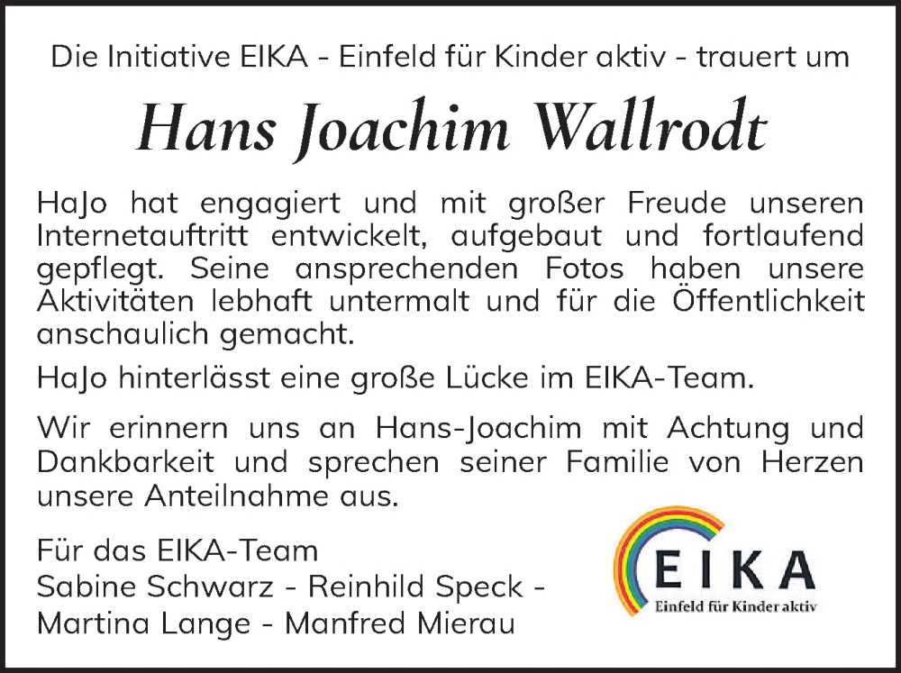  Traueranzeige für Hans Joachim Wallrodt vom 08.02.2025 aus Holsteinischer Courier