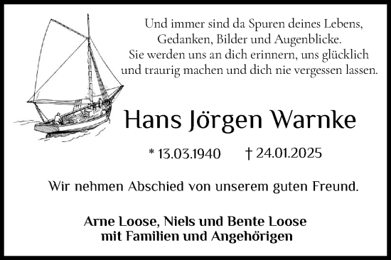 Traueranzeige von Hans Jörgen Warnke von Husumer Nachrichten, Nordfriesland Tageblatt