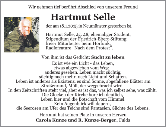 Traueranzeige von Hartmut Selle von Holsteinischer Courier