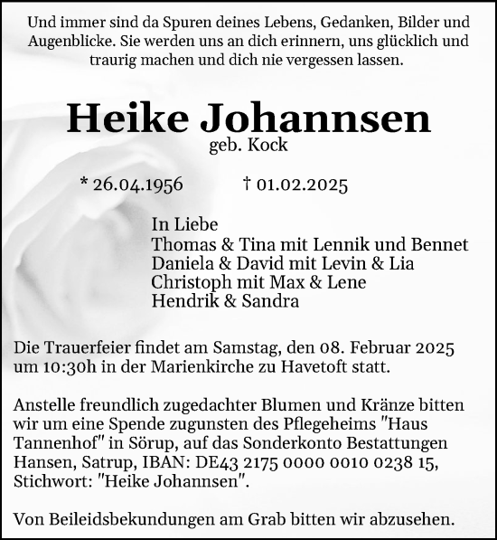 Traueranzeige von Heike Johannsen von Flensburger Tageblatt, Schleswiger Nachrichten, Schlei-Bote