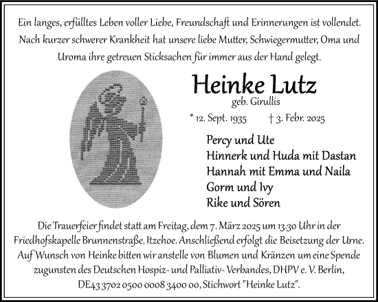 Traueranzeige von Heinke Lutz von Norddeutsche Rundschau, Wilstersche Zeitung, Glückstädter Fortuna