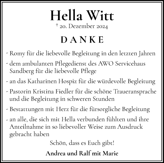Traueranzeige von Hella Witt von Flensburger Tageblatt