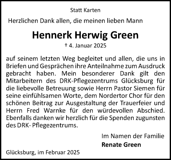 Traueranzeige von Hennerk Herwig Green von Flensburger Tageblatt